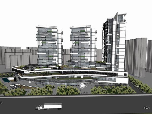 Sketchup综合体模型|多高层综合体，上海普陀区海松大厦，办公楼，商业，现代风格
