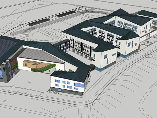Sketchup学校模型|多层中学小学学校，校园教育建筑，公建，现代中式风格