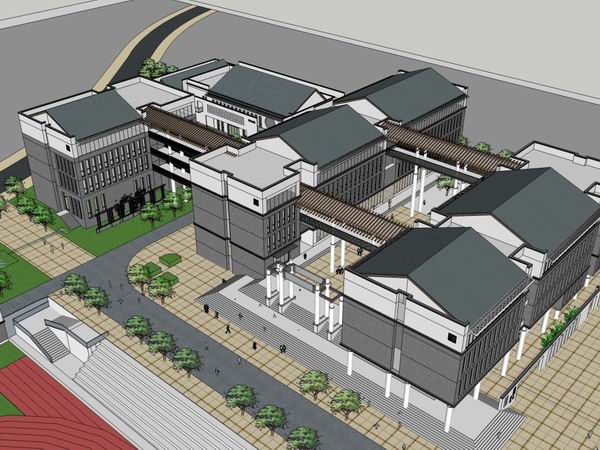 Sketchup学校模型|多层小学学校，校园教育建筑，现代中式风格
