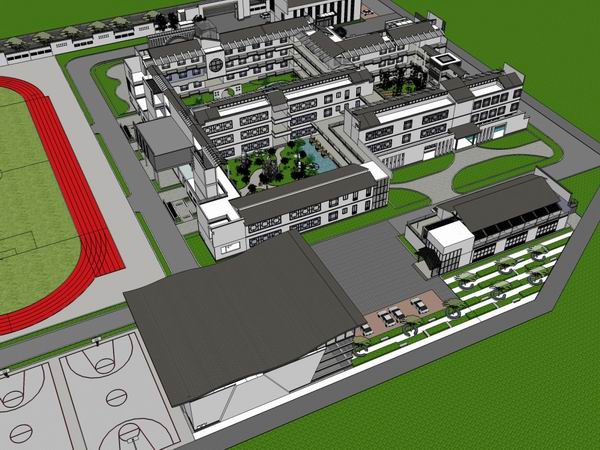 Sketchup学校模型|多层中学学校，校园教育建筑，中式风格