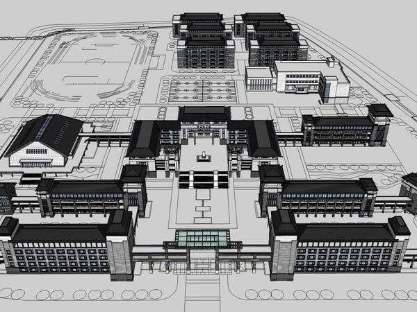 Sketchup学校模型|多层学校，中学，校园教育建筑，中式风格