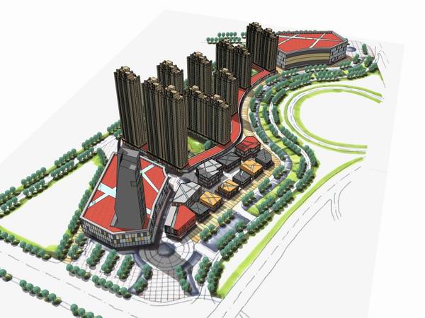 Sketchup综合体模型|多高层综合体，办公楼，住宅，商业，现代风格