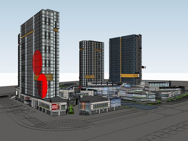Sketchup综合体模型|多高层综合体，办公楼，商业，公寓住宅，现代风格