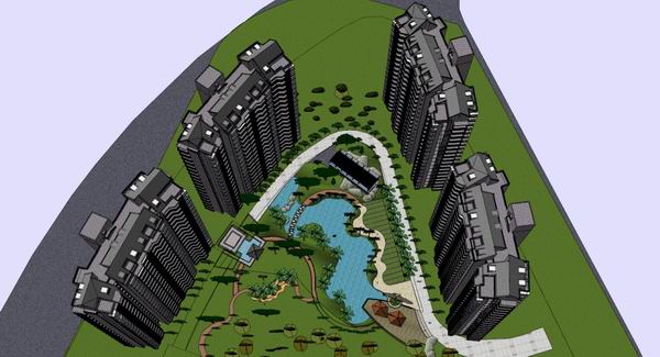 Sketchup住宅模型|高层住宅，景观公园，现代风格