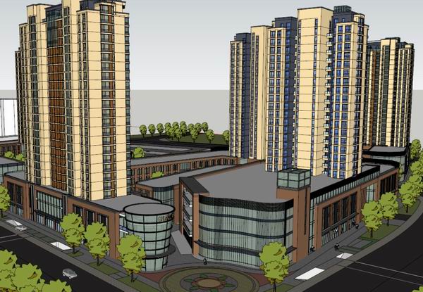 Sketchup住宅模型|高层住宅，底层商铺，大型商业，现代风格