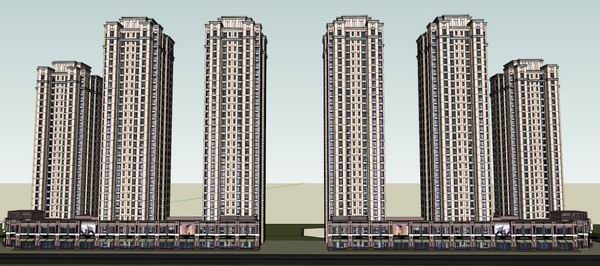 Sketchup住宅模型|高层住宅和底层商业，现代风格