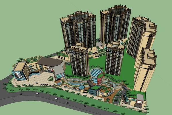 Sketchup住宅模型|高层住宅和底层商业，古典风格