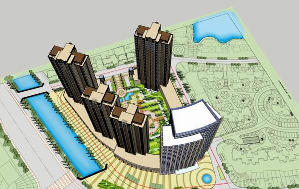 Sketchup住宅模型|高层住宅，办公楼和沿街商业，现代风格