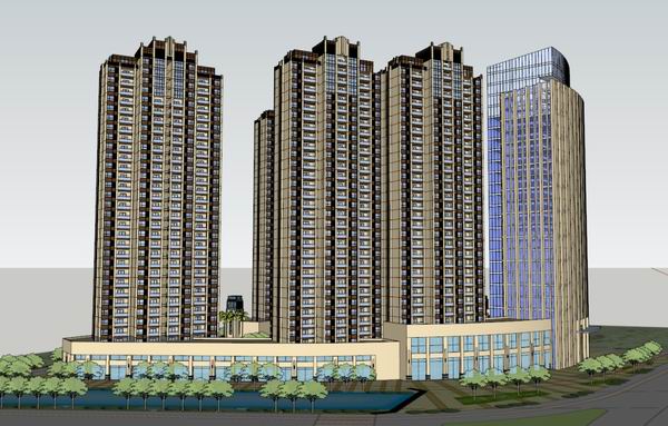 Sketchup住宅模型|高层住宅，办公楼和沿街商业，现代风格
