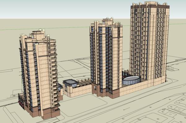 Sketchup住宅模型|高层住宅，底部商业，古典风格
