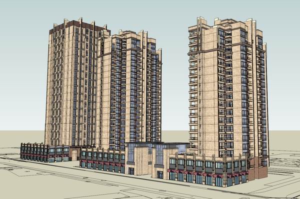 Sketchup住宅模型|高层住宅，底部商业，古典风格