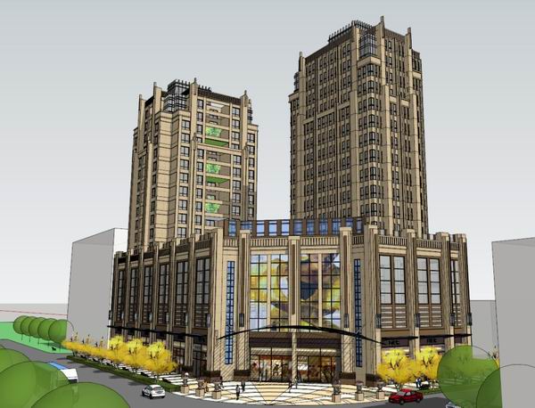 Sketchup住宅模型|高层住宅，底部商业，现代风格