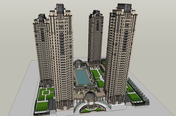 Sketchup住宅模型|超高层住宅，底部商业，现代风格，30层