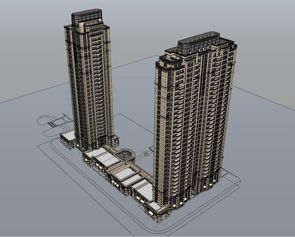 Sketchup住宅模型|超高层住宅，底部商业，现代风格，30层