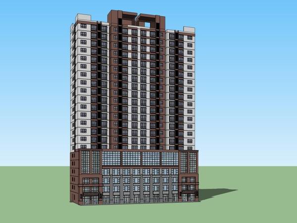 Sketchup住宅模型|高层住宅，底部商业，现代风格，22层