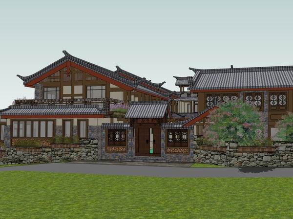 Sketchup酒店模型|多层仿古旅馆，酒店，中式风格，3层