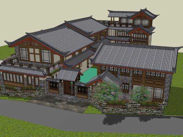 Sketchup酒店模型|多层仿古旅馆，酒店，中式风格，3层