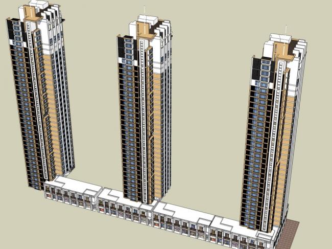 Sketchup住宅模型|高层住宅，现代风格，底部商业，33层