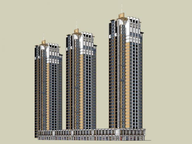 Sketchup住宅模型|高层住宅，现代风格，底部商业，33层