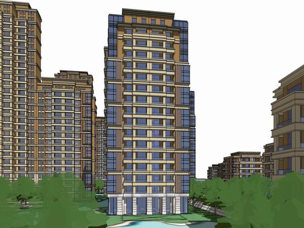 Sketchup住宅模型|高层住宅，古典风格，28+18+7层