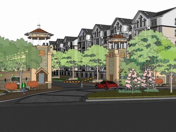 Sketchup景观模型|住宅区的入口及会所的景观规划，古典风格