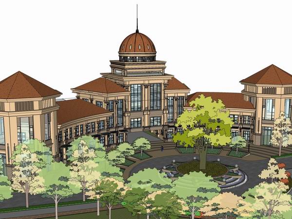 Sketchup景观模型|住宅区的入口及会所的景观规划，古典风格