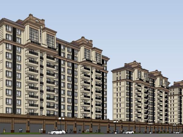 Sketchup住宅模型|高层住宅公寓，底部商业，古典风格