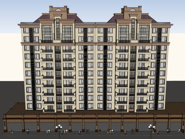 Sketchup住宅模型|高层住宅公寓，底部商业，古典风格