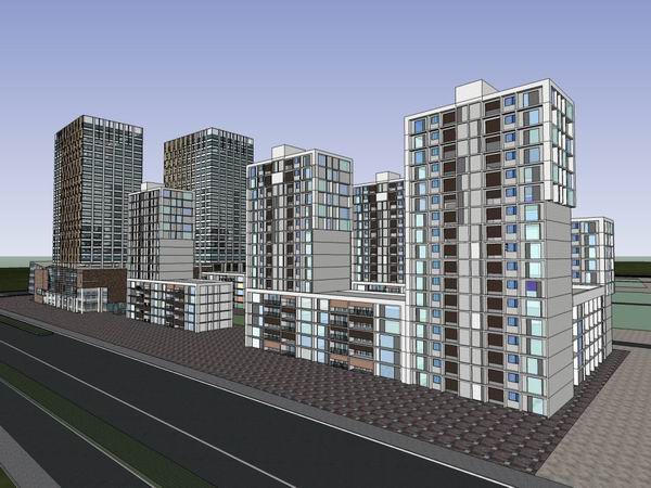 Sketchup住宅模型|高层住宅，底部商业，沿街底商，现代风格，19层