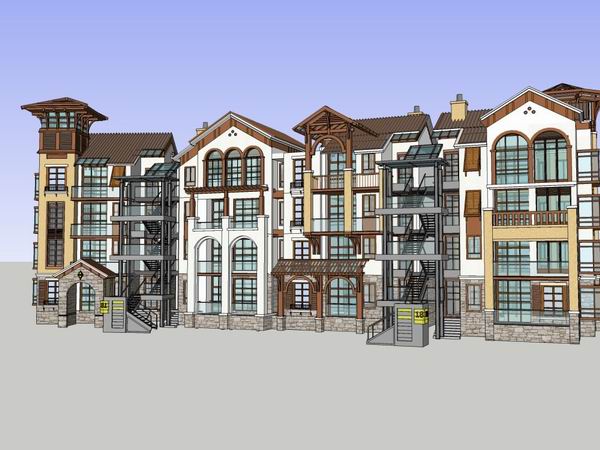 Sketchup住宅模型|多层联排住宅，古典风格，4层