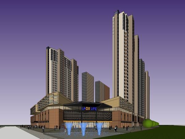 Sketchup住宅模型|高层住宅，底部商业，商业街，现代风格