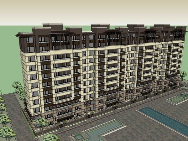 Sketchup住宅模型|多层联排住宅，古典风格，11层