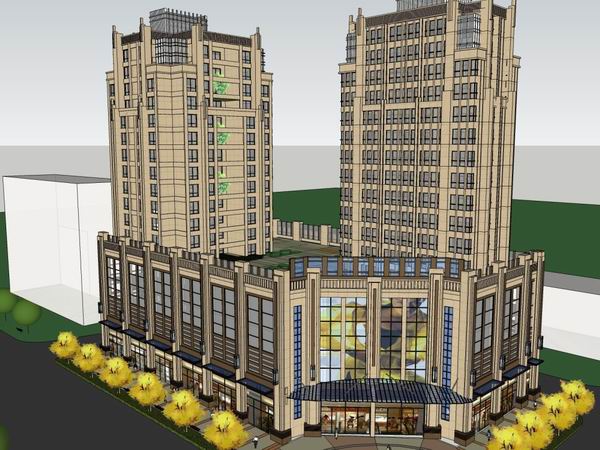 Sketchup住宅模型|高层住宅，商业住宅，底部商业，古典风格，16层
