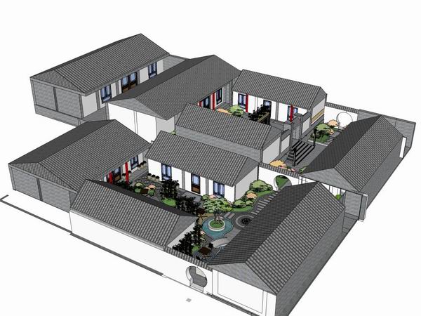 Sketchup住宅模型|多层四合院住宅，现代中式风格