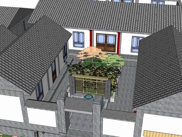 Sketchup住宅模型|多层四合院住宅，现代中式风格