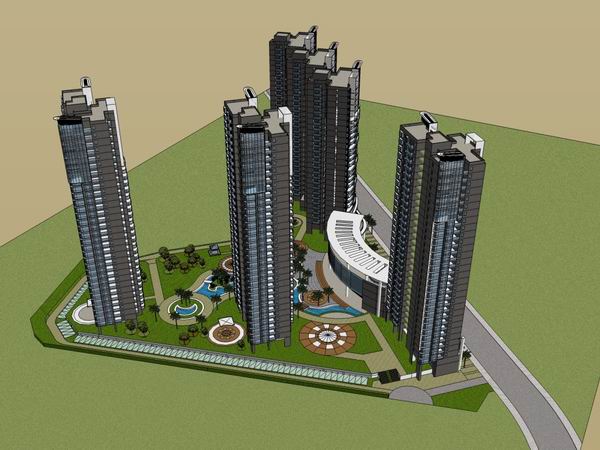 Sketchup住宅模型|超高层住宅，现代风格，底部商业，31层