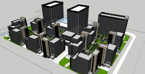 Sketchup住宅模型|高层住宅，办公，公园，现代风格，7+9+11层