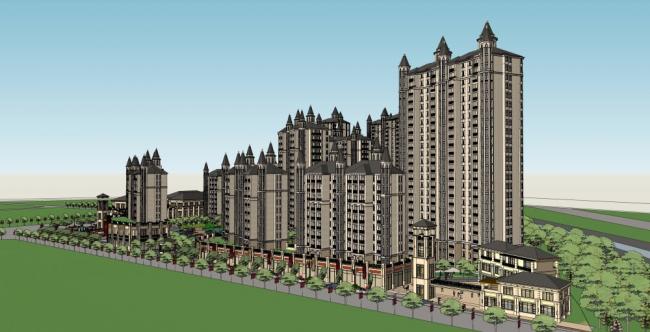 Sketchup住宅模型|高层住宅，商业街，古典风格，29层，欧式小区