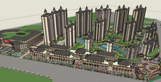 Sketchup住宅模型|高层住宅，商业街，古典风格，29层，欧式小区