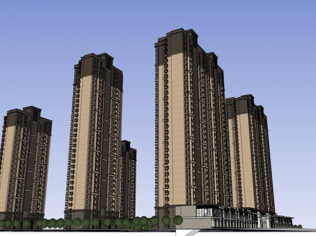 Sketchup住宅模型|高层住宅，沿街商业，古典风格，22+32层