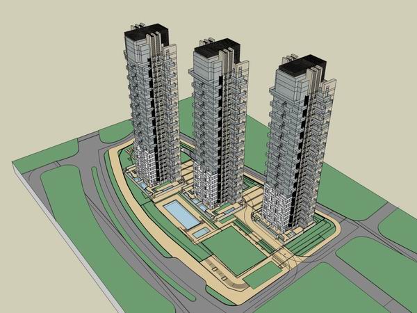 Sketchup商业模型|高层公寓住宅，现代风格，28层