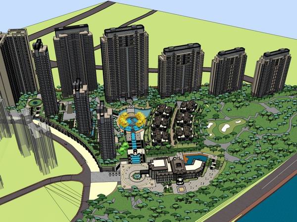 Sketchup住宅模型|高层住宅，古典风格，别墅，底部商业，公园，28层