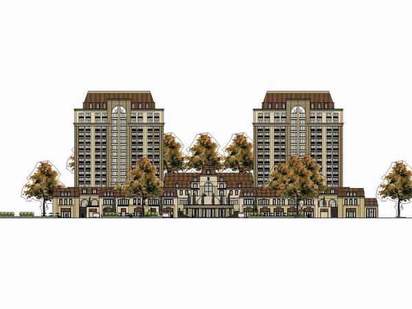 Sketchup住宅模型|高层住宅，底部商业，古典风格，15层