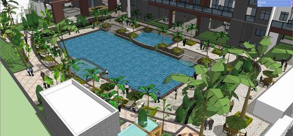 Sketchup住宅模型|高层住宅，底部商业，办公，泳池，现代风格，29层