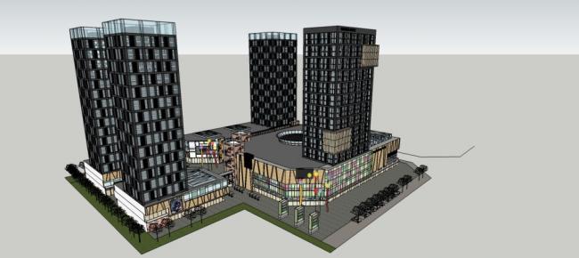 Sketchup综合体模型|多高层综合体，办公住宅商业，现代风格