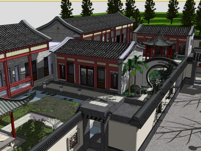 Sketchup住宅模型|多层合院，住宅，中式风格，徽派