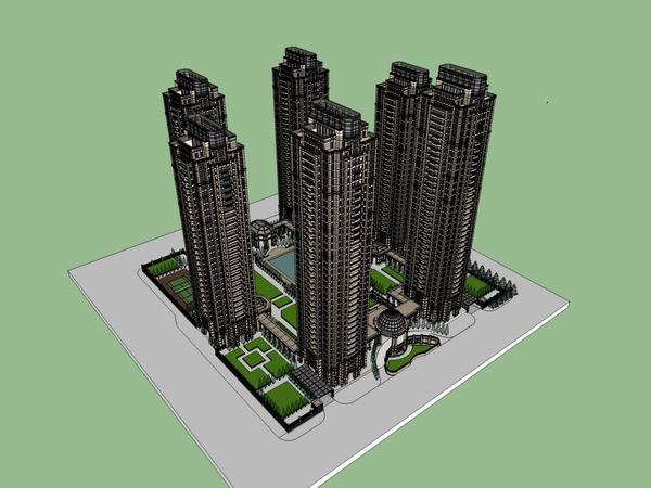 Sketchup住宅模型|超高层住宅小区，古典风格，32层