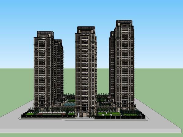 Sketchup住宅模型|超高层住宅小区，古典风格，32层