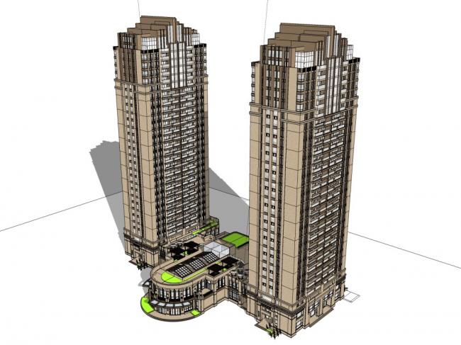 Sketchup住宅模型|高层住宅，商业街，会所，古典风格，28层