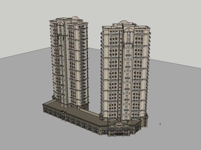 Sketchup住宅模型|高层住宅，裙楼底商，古典风格，27层